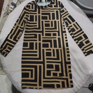 SHEIN Black and Tan Geometric Long Sleeve Dress